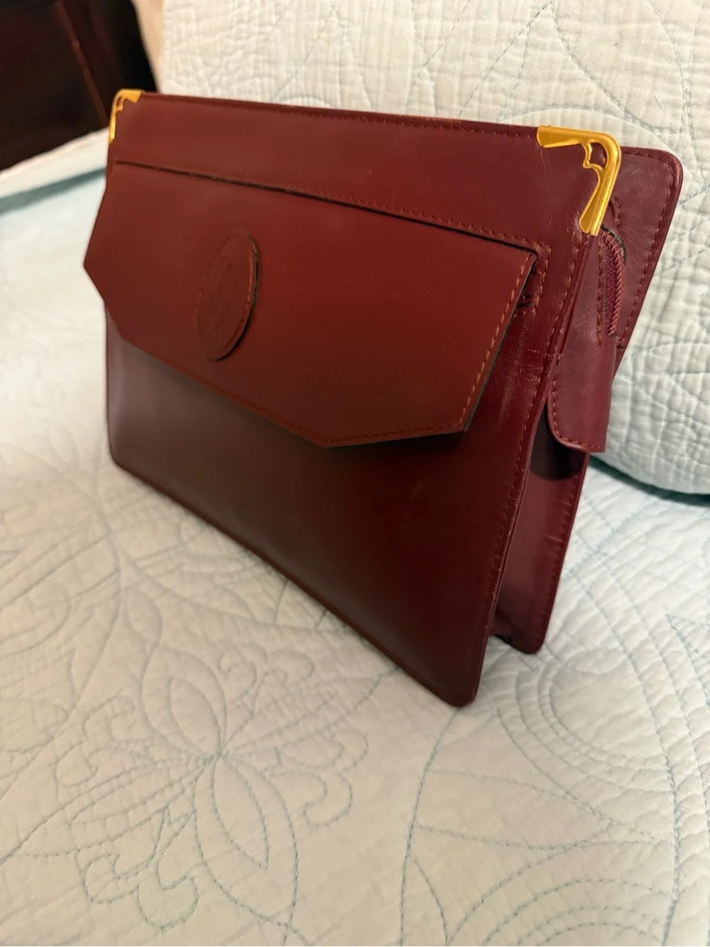 Vintage Cartier Burgundy Leather Clutch with Gold Corner Accents